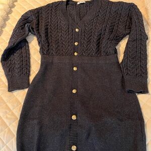 Black Cable Knit Cardigan Dress with Gold Buttons